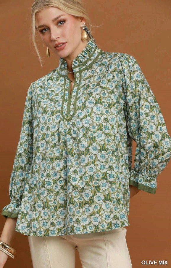 Floral Mandarin Collar Blouse with a loose fit, long sleeves, and green, blue, and white floral tones; available in sizes XS–XL.
