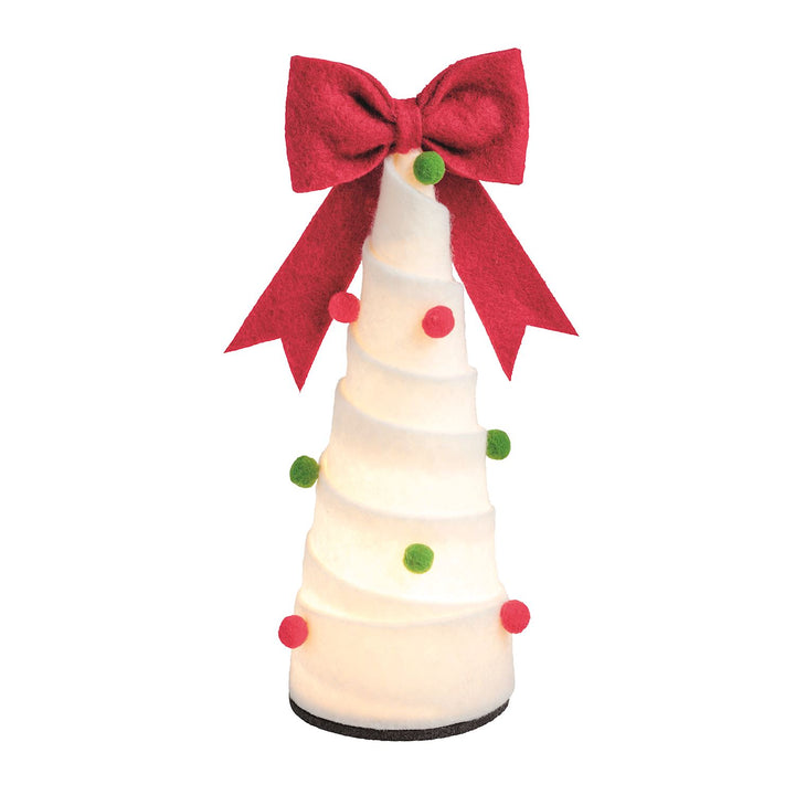 Conical LED felted wool pom tree with white felt, red bow, and red and green pom-poms.
