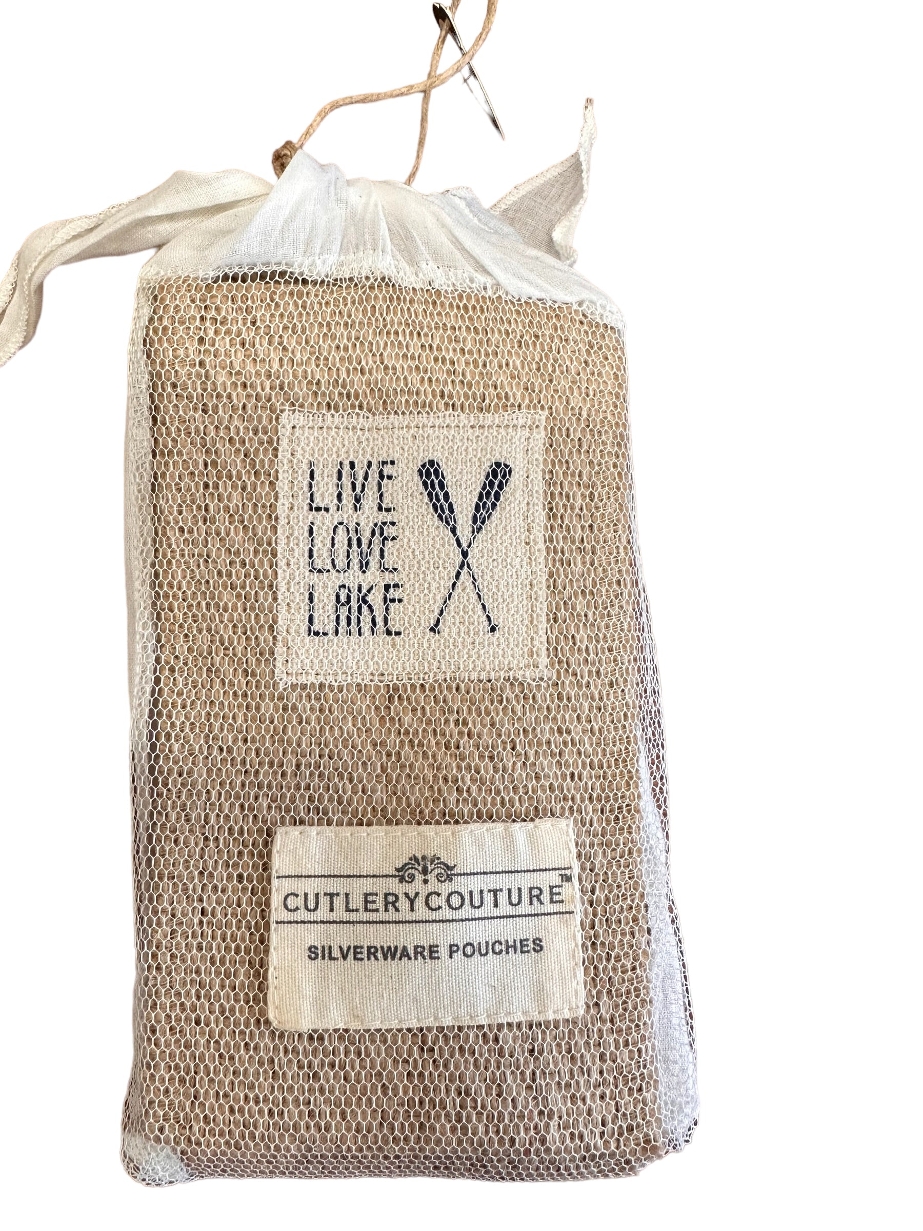Drawstring mesh bag labeled "Live Love Lake Cutlery Couture" and "SILVERWARE POUCHES." Sizes available: small, large.