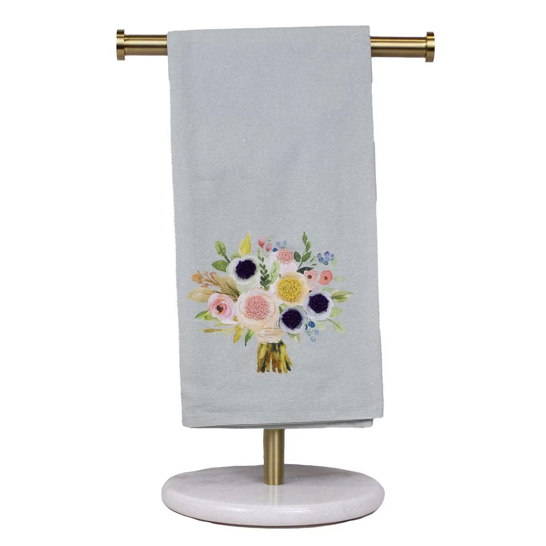 Light gray Bouquet Hand Towel with colorful embroidered flowers. Available in standard and guest sizes.