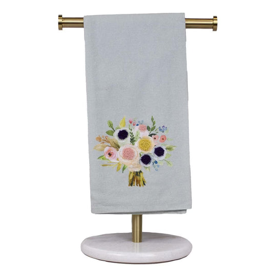 Light gray Bouquet Hand Towel with colorful embroidered flowers. Available in standard and guest sizes.