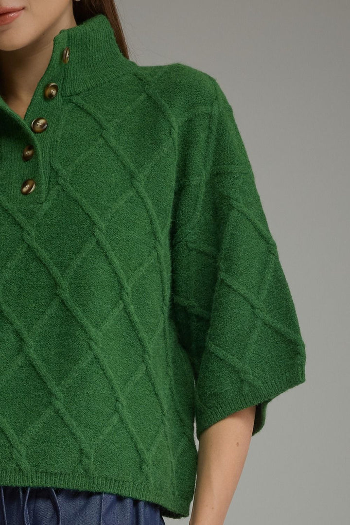 Green diamond textured mock-collar sweater with three buttons. Available in various sizes.