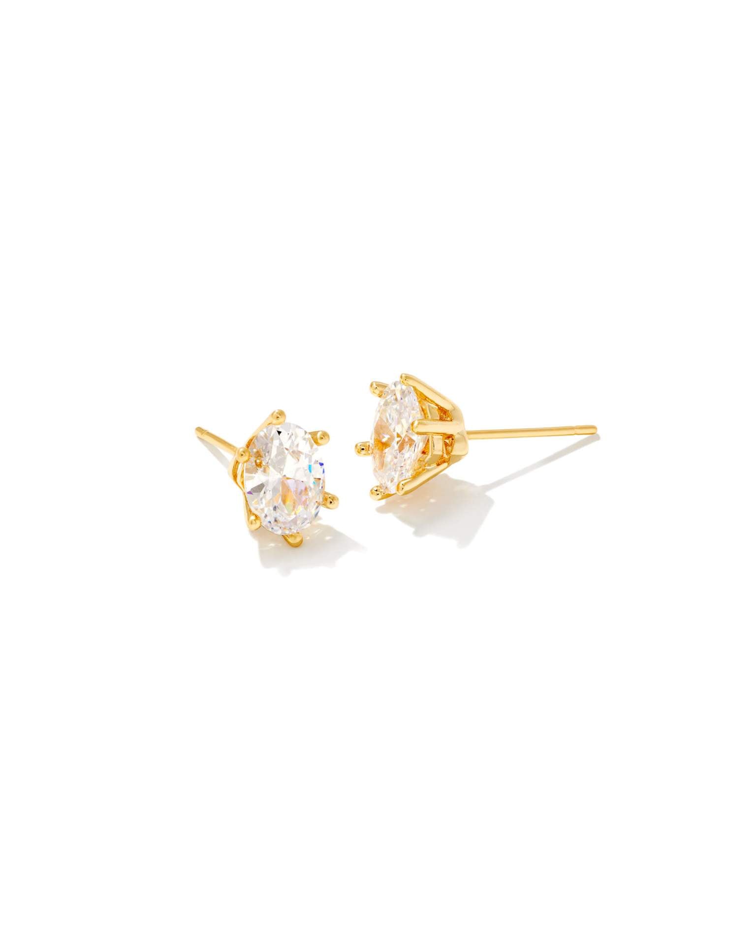 14k gold Cailin Crystal Stud Earrings with oval white CZ gemstones; available in multiple sizes.