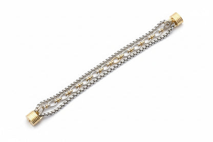 Three-row bracelet with interlocking gold and silver links, gold cylindrical end caps, magnetic closure. Sizes: S, M, L.