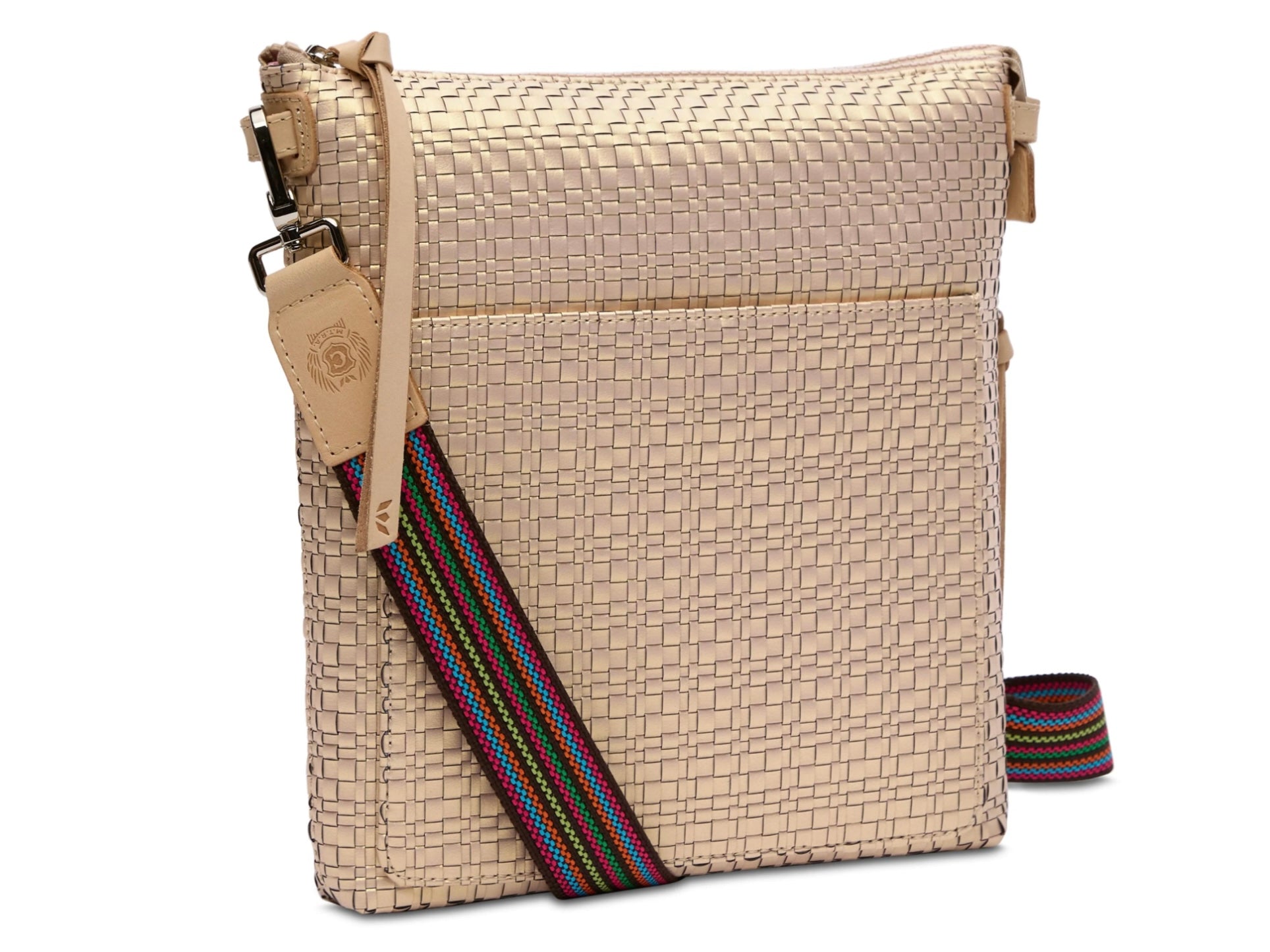 Beige woven Tour Crossbody Pearl with striped adjustable strap, leather tag, zip top, front slip pocket. Sizes: S, M, L.