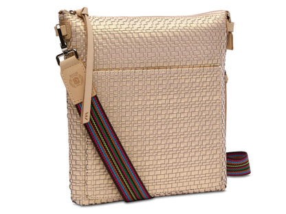 Beige woven Tour Crossbody Pearl with striped adjustable strap, leather tag, zip top, front slip pocket. Sizes: S, M, L.