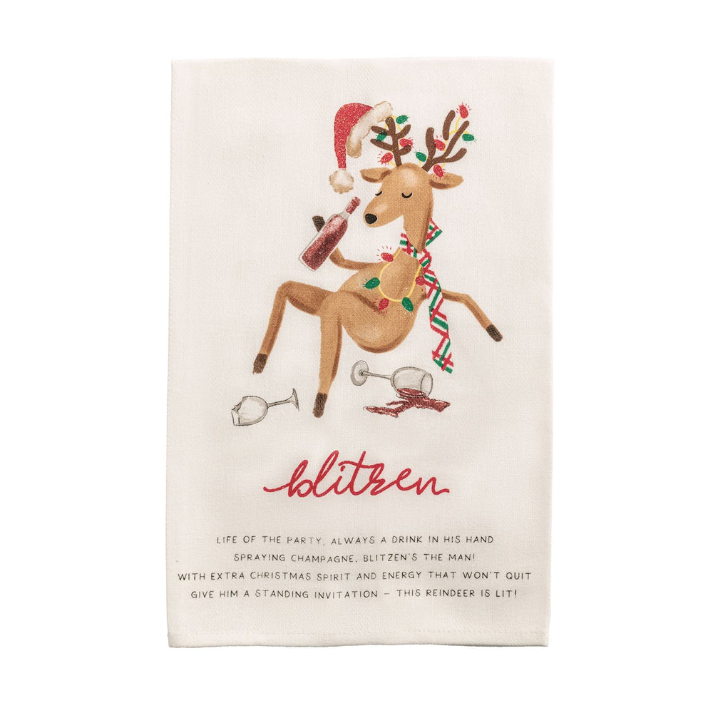 Santa’s Reindeer Poem Hand Towel featuring a reindeer in a Santa hat and scarf holding a champagne bottle with “blitzen” and a holiday poem.