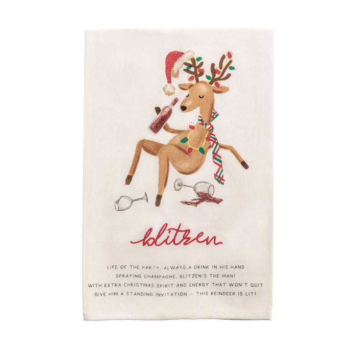 Santa’s Reindeer Poem Hand Towel featuring a reindeer in a Santa hat and scarf holding a champagne bottle with “blitzen” and a holiday poem.