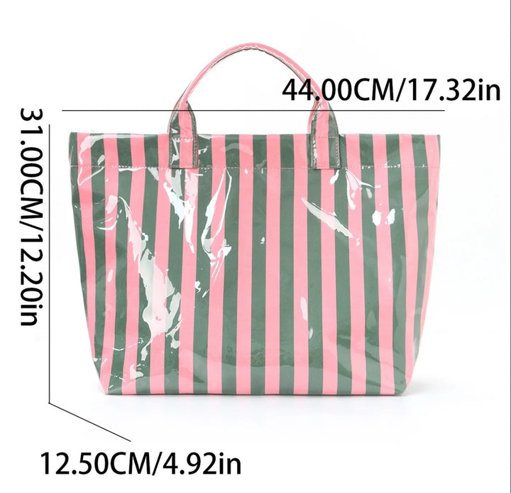 Striped Tote Bags with pink and green stripes, two handles, lightweight; size: 44x31x12.5 cm (17.32x12.20x4.92 in).