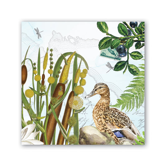 By The Lake Napkins feature a brown duck with cattails and lilies. Available sizes: cocktail, luncheon, and dinner.