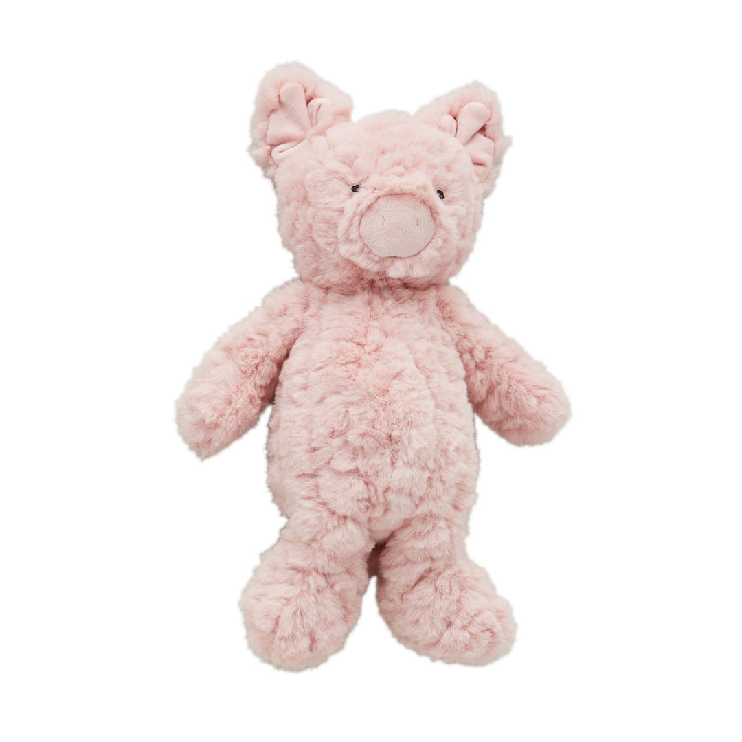 Soft faux fur pig plush with light pink fur, round snout, upright ears, minimal features. Available in small, medium, large.