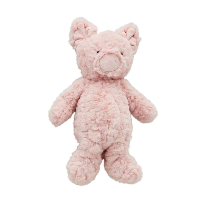 Soft faux fur pig plush with light pink fur, round snout, upright ears, minimal features. Available in small, medium, large.
