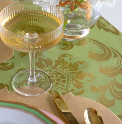Light Green Damask Table Runner in a green and gold pattern; available in multiple sizes.