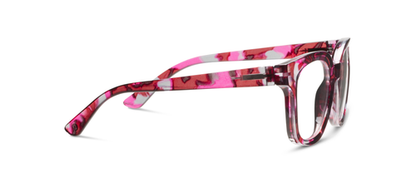Lala - Spice Quartz eyeglasses: pink, red, and white marbled thick rectangular frames, UV400 clear lenses. Sizes: S/M/L.