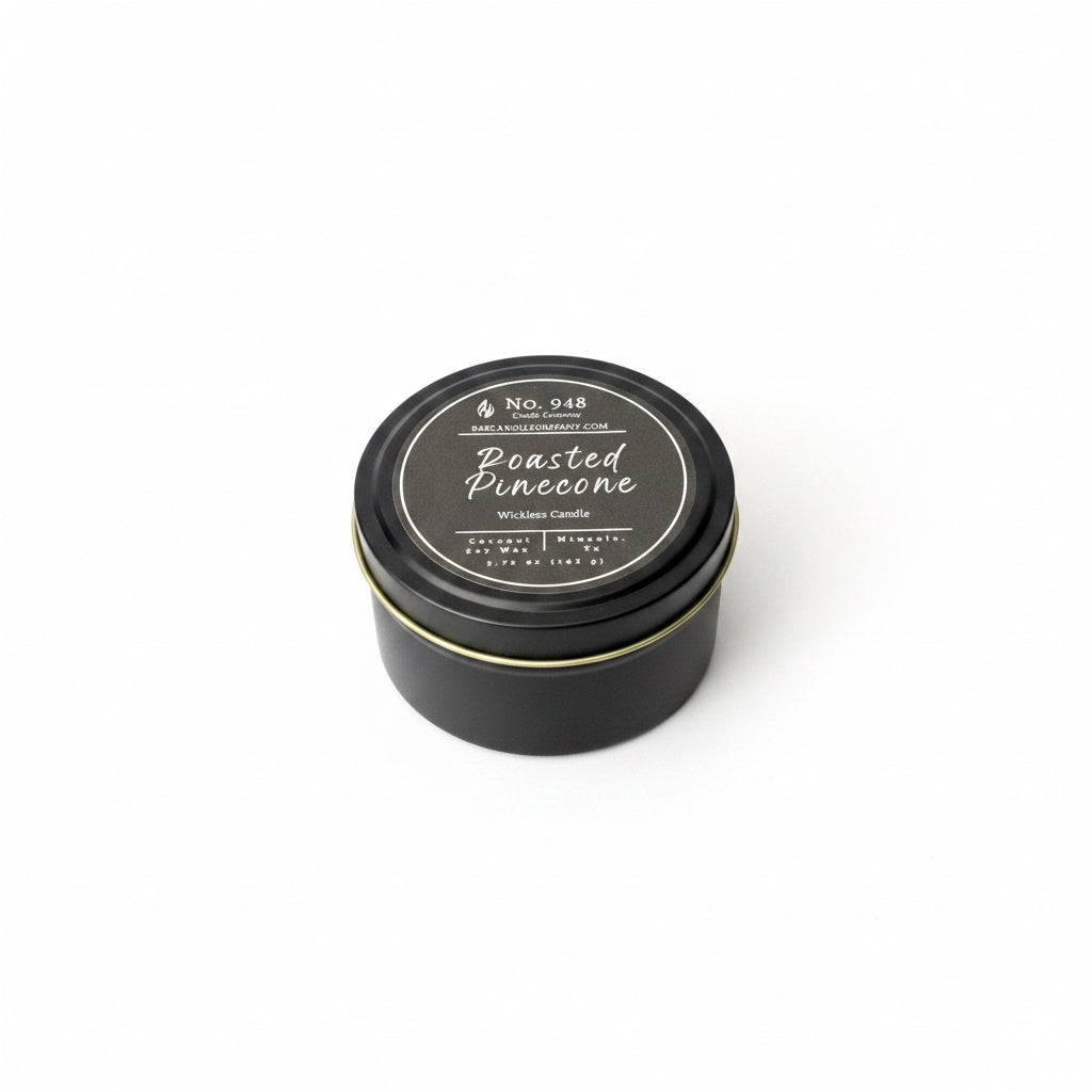 Black tin "Wickless Candle" with round lid, coconut soy wax, labeled "Roasted Pinecone," available in 5.75 oz size.