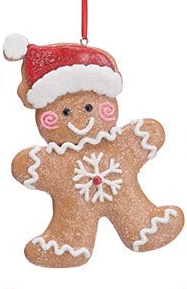 Gingerbread man ornament with Santa hat, icing, and snowflake. Available in various sizes.