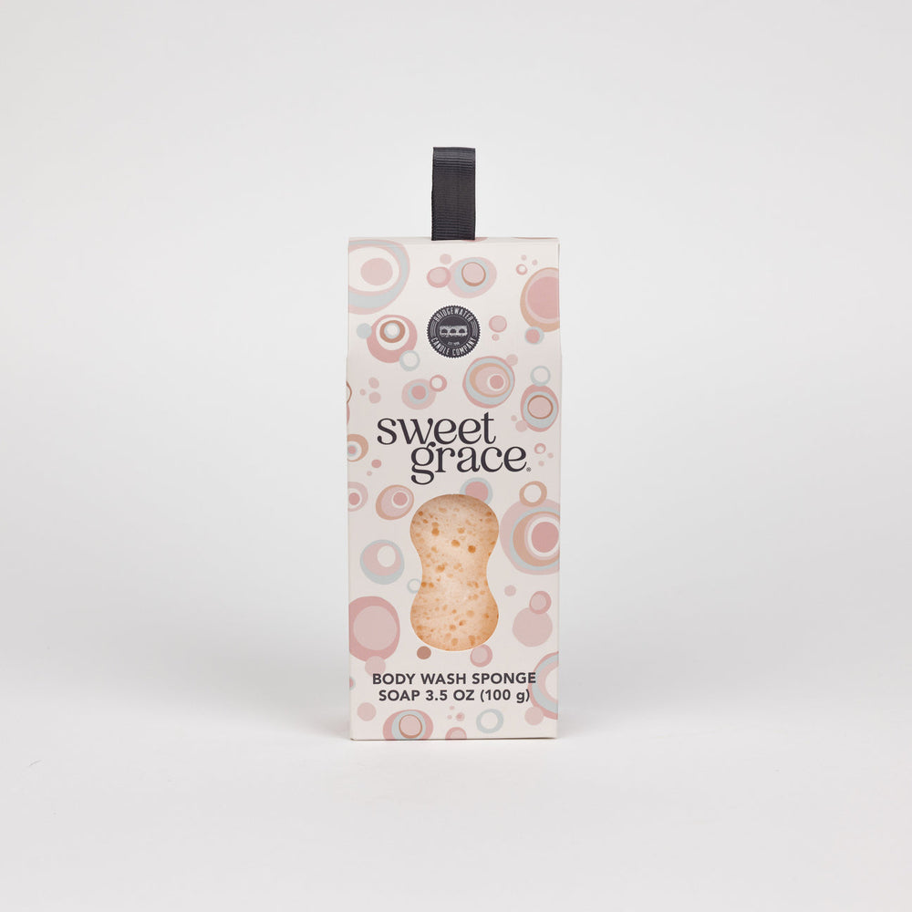 Sweet Grace Body Wash Sponge, 3.5 oz (100 g), pink/beige circle pack, black hanging loop, for cleansing and exfoliating.