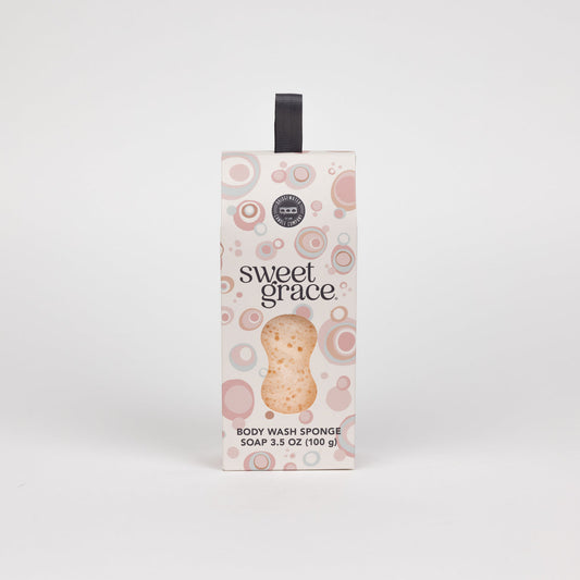 Sweet Grace Body Wash Sponge, 3.5 oz (100 g), pink/beige circle pack, black hanging loop, for cleansing and exfoliating.