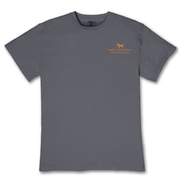 Plain gray Down In The Marsh Graphic Tee with a small orange dog and “Simply Southern Outfitters” text on the upper left chest; available in sizes S-XXL.