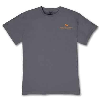 Plain gray Down In The Marsh Graphic Tee with a small orange dog and “Simply Southern Outfitters” text on the upper left chest; available in sizes S-XXL.