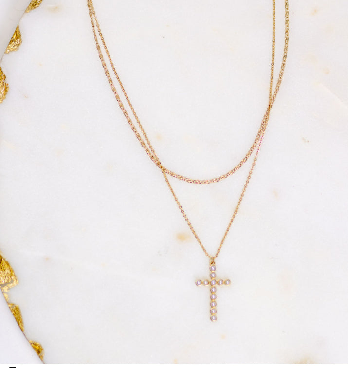 Pearl Cross Layered Necklace