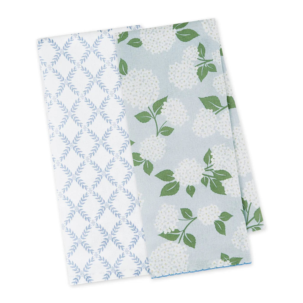 Set of 2 dishtowels: white with blue leaves, light blue with hydrangeas. Sizes available.