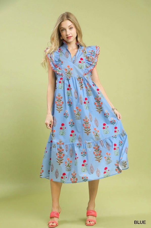 Block Floral Print Midi Dress: blue, knee-length cotton dress with ruffled sleeves and red and pink floral pattern. Available in sizes XS–XL.