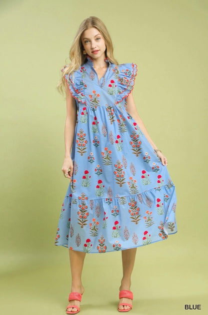 Block Floral Print Midi Dress: blue, knee-length cotton dress with ruffled sleeves and red and pink floral pattern. Available in sizes XS–XL.