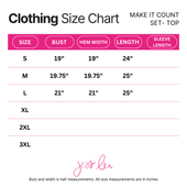 Make It Count Textured Set Black top size chart, sizes S–L listed with bust, hem, length, sleeve; XL–3XL blank. Yes, Lou logo.