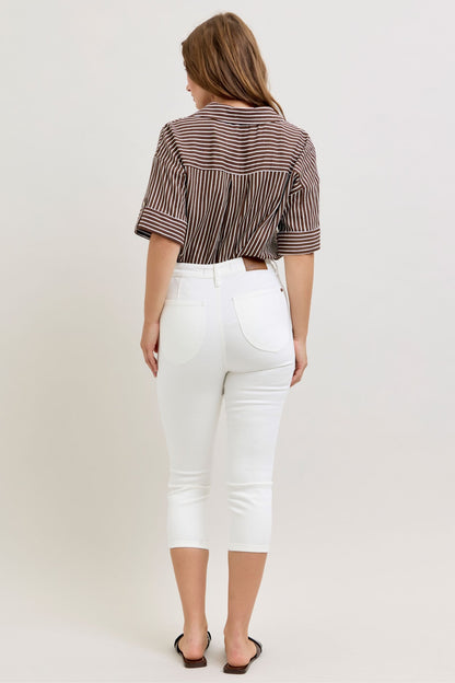 Judy Blue White Capri Jeans, available in sizes 0-24, with cropped fit and classic white denim.