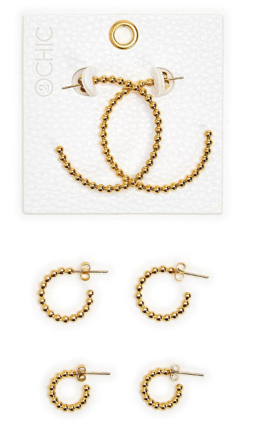 White earring card with three pairs of Gold Plated Hoop Earrings. Includes medium-sized partial hoops and two sets of smaller full hoops. Sizes available: Medium, Small, Smaller. "2 CHIC" labeled on the card.