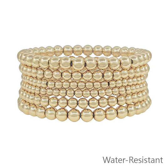 Water Resistant Set of 6 Gold Beaded Stretch Bracelets
