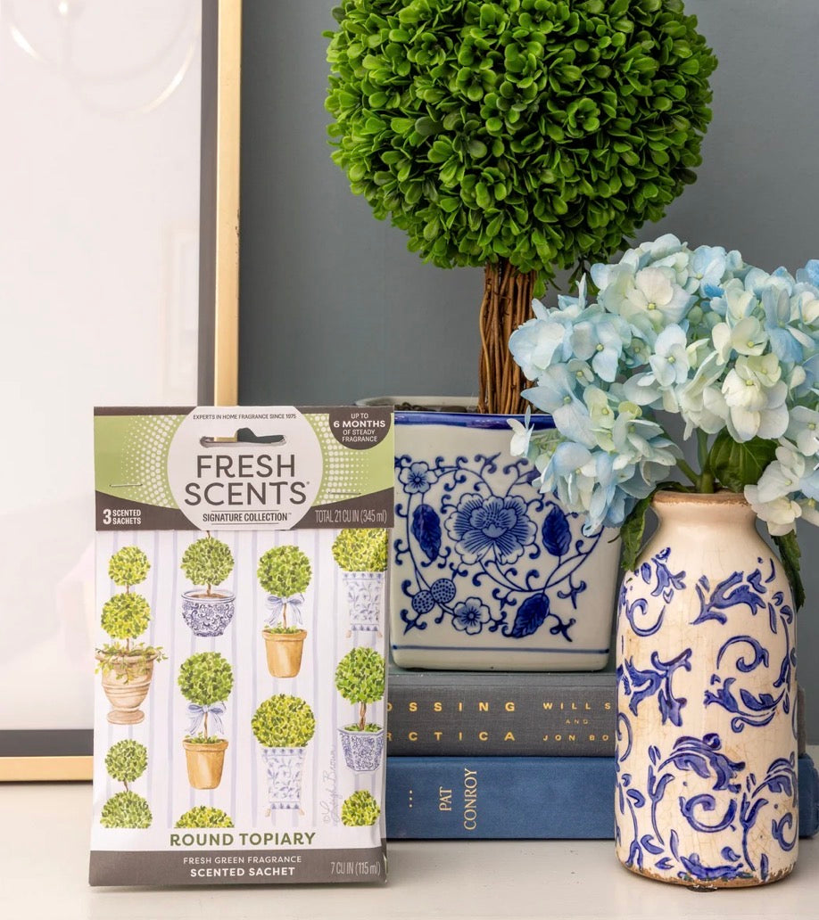 Round Topiary Scented Sachet with fresh green, long-lasting fragrance; available in small and large sizes.