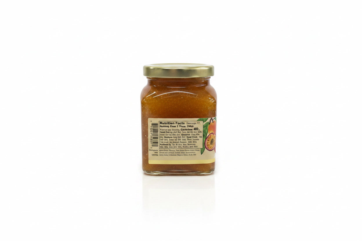 Reserve Mango Passionfruit Habanero Jam in a glass jar with a gold lid, featuring a label with nutrition facts, ingredients, and a passion fruit image. Available in 8 oz and 16 oz sizes.