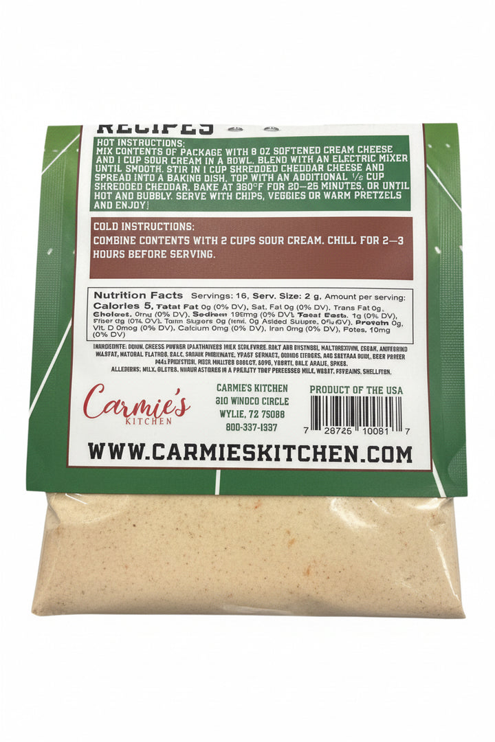 Game Day Collection Dip Mix packet with prep instructions and nutrition info. Beige powder inside. Available in 1 oz size.