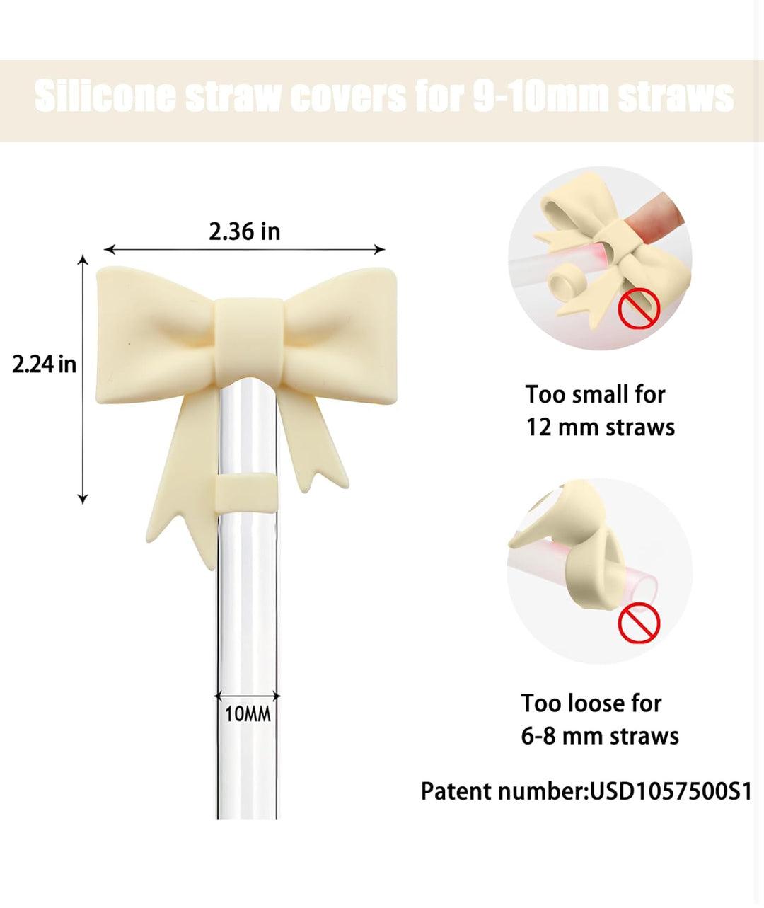 Beige silicone straw cover, dust-proof, fits 9-10mm straws. Size: 2.36 x 2.24 in. Not for 6-8mm or 12mm straws.