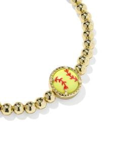 14k yellow gold stretch bracelet with a round yellow softball charm, red stitching detail. Available in multiple sizes.