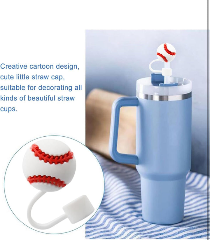 Light blue tumbler with handle and lid; white baseball straw cover; leak-proof. Available in 20oz, 30oz, 40oz sizes.