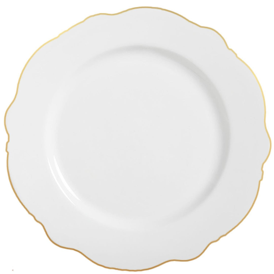 White porcelain appetizer plate with scalloped edge and thin gold rim. Available in 6" and 8" sizes.