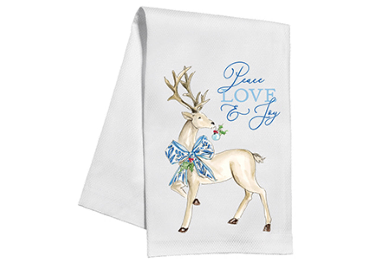 White kitchen towel with elegant reindeer illustration; features large antlers, blue patterned bow, and small ornament. Text: "Peace, Love & Joy" in blue cursive. 100% cotton, machine washable. Available sizes: 18x28 inches.