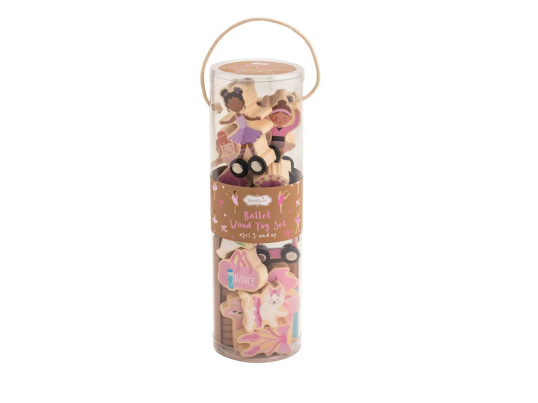 Wood Ballet Toy Set in a cylindrical container with rope handle. Contains wooden ballerinas and accessories. Size info not shown.