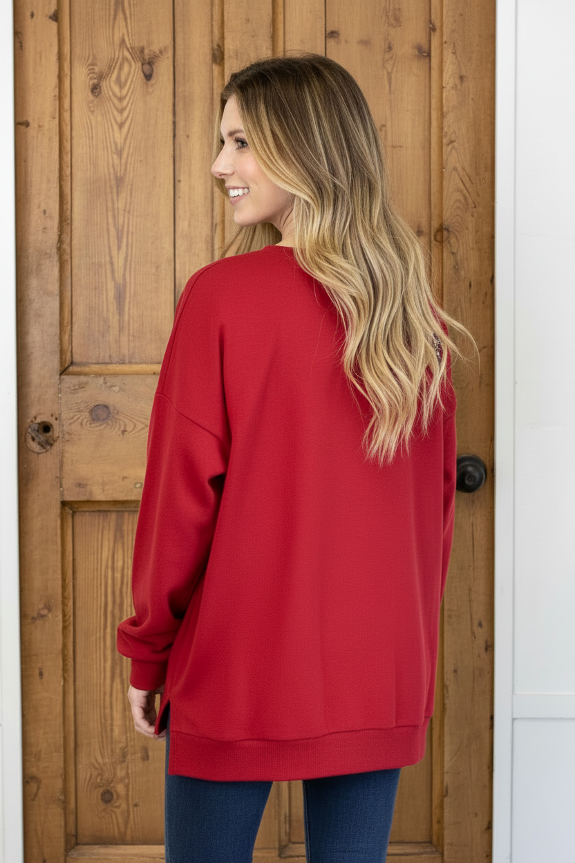 Red Football Queen Sequin Sweatshirt, loose fit, available in sizes S-XL.