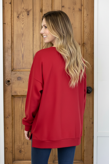 Red Football Queen Sequin Sweatshirt, loose fit, available in sizes S-XL.