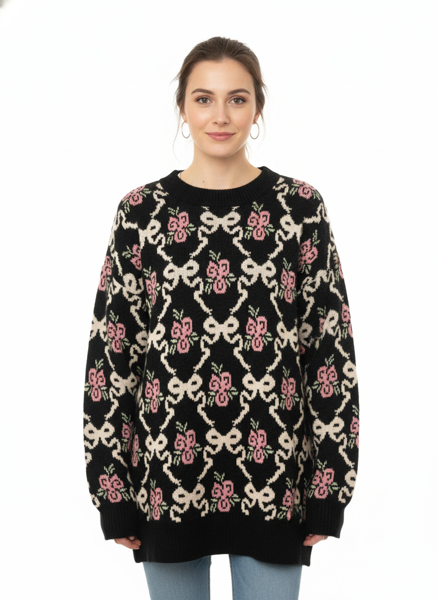 Black Knit Floral Sweater