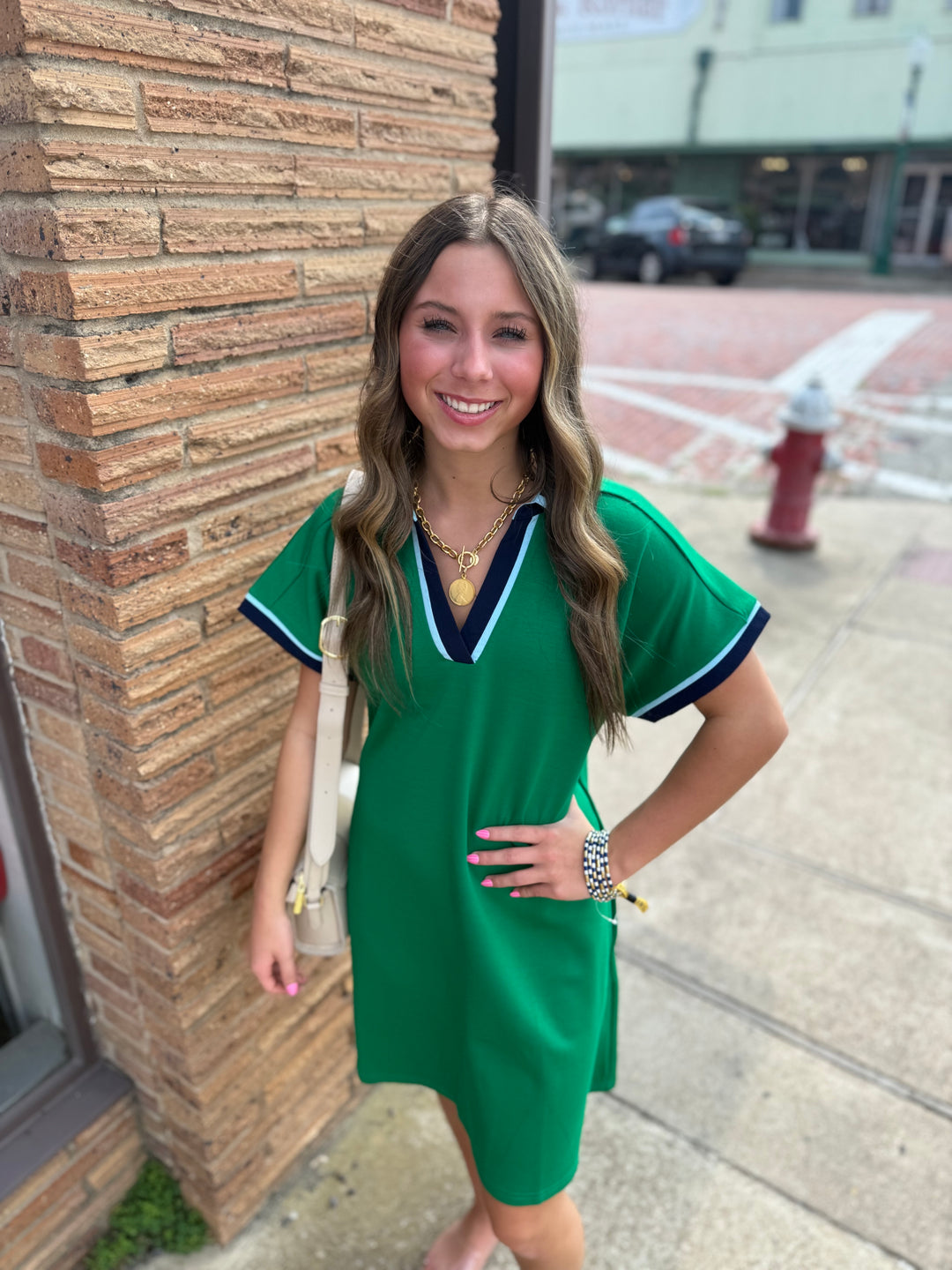 Kelly Green Solid Contrast Accent Dress with navy trim; available in sizes XS-XL.