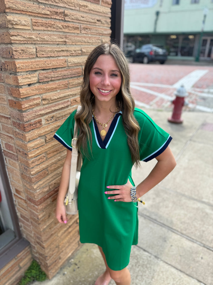 Kelly Green Solid Contrast Accent Dress with navy trim; available in sizes XS-XL.
