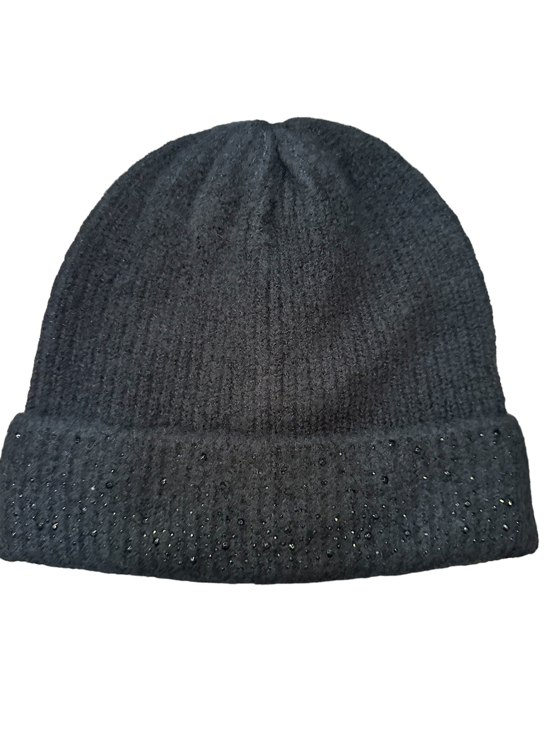 Dark gray knit beanie with folded brim and black crystal accents on cuff. Available in sizes S, M, L.