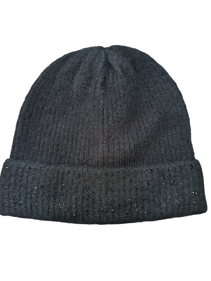 Dark gray knit beanie with folded brim and black crystal accents on cuff. Available in sizes S, M, L.