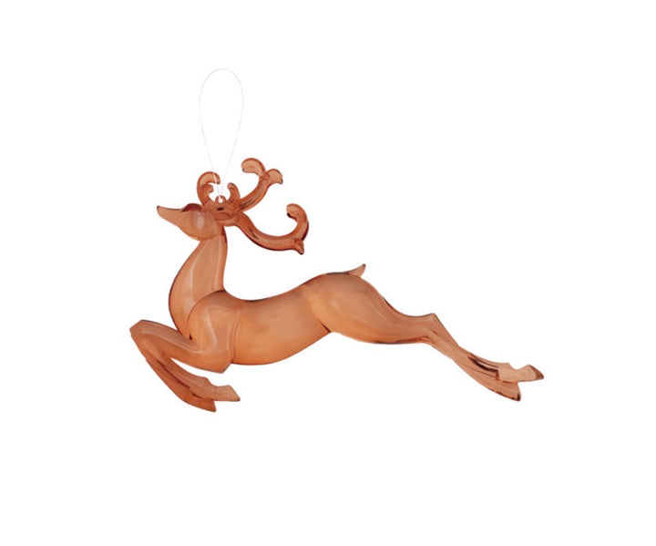 Translucent amber-colored leaping acrylic deer ornament with a hanging loop.