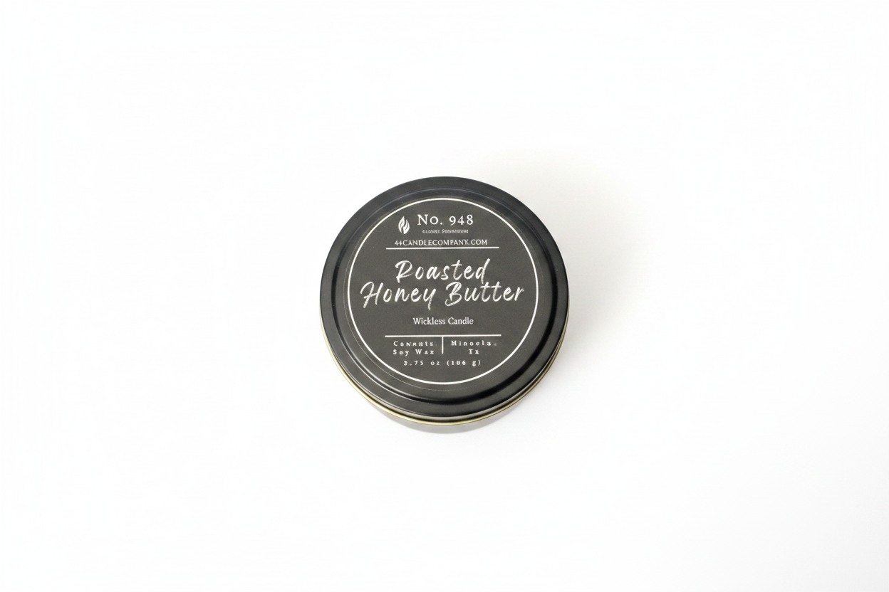 Small round tin labeled "Roasted Honey Butter" Wickless Candle, 5.75 oz size, No. 948, made from coconut soy wax with a black lid featuring white decorative text and product details.
